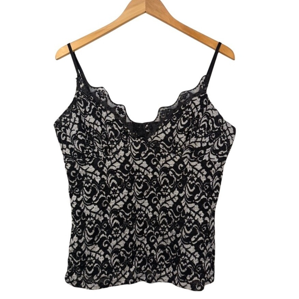 Vintage J.T.B Lace Camisole Tank Black Ivory Lace Lingerie Y2K Romantic‎ Top